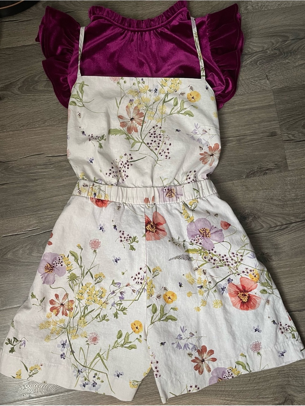 🌷🎀 Elegant H&M Linen-Blend Cottagecore Bib Shorts w/ GAP Plum Ruffled Top